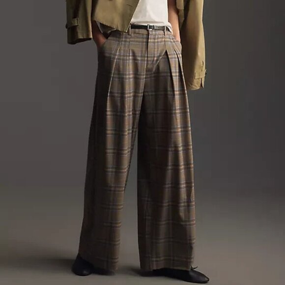 Anthropologie Maeve The Avery Elastic-Back Trousers Brown Plaid Size XXS NWT